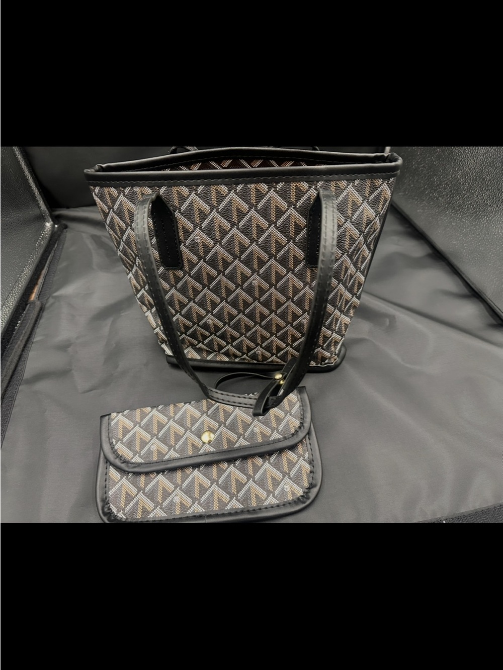 Classic Patterned Tote with Matching Pouch - Black & Brown